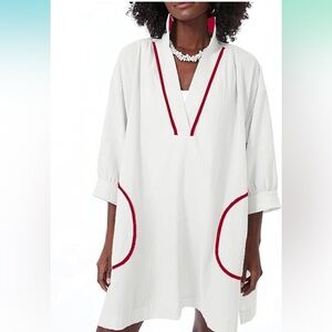 White Shirt Dress/Cover-up with Red Trim